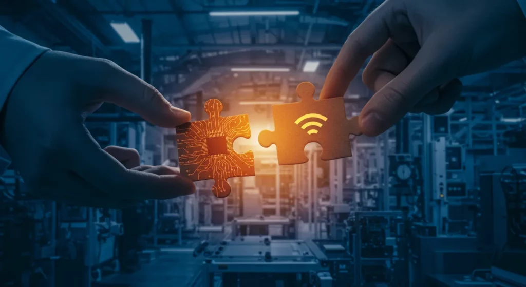 puzzle parts with devices and network are brought together